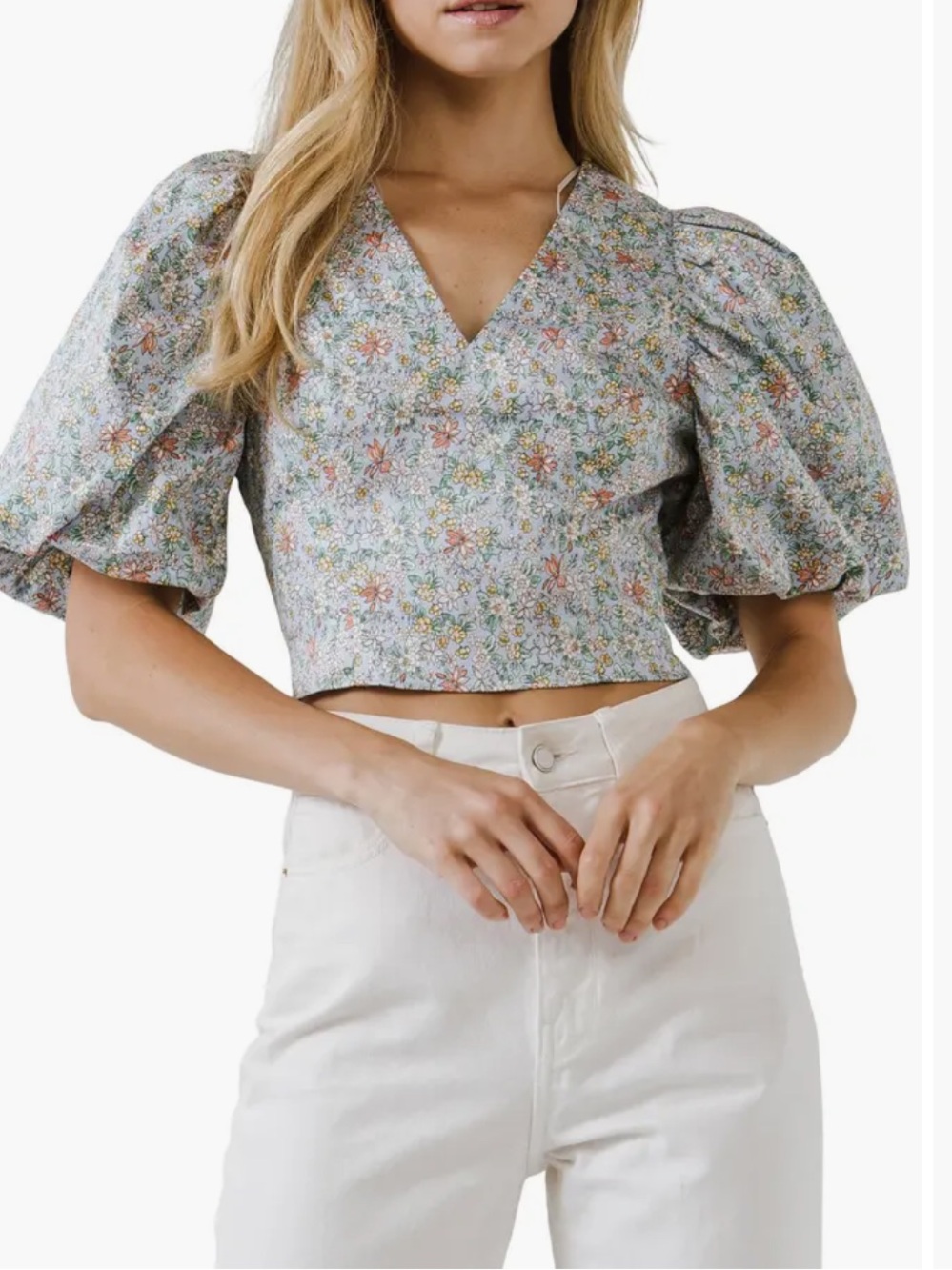Endless Rose Pastel Floral Puff-Sleeve Crop Top